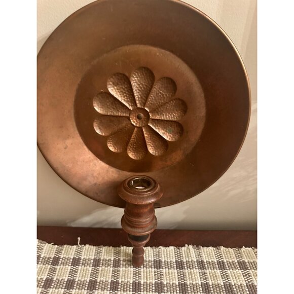 Vintage Copper & Wood Candle Holder With Flower Motif Primitive Decor - Picture 8 of 9